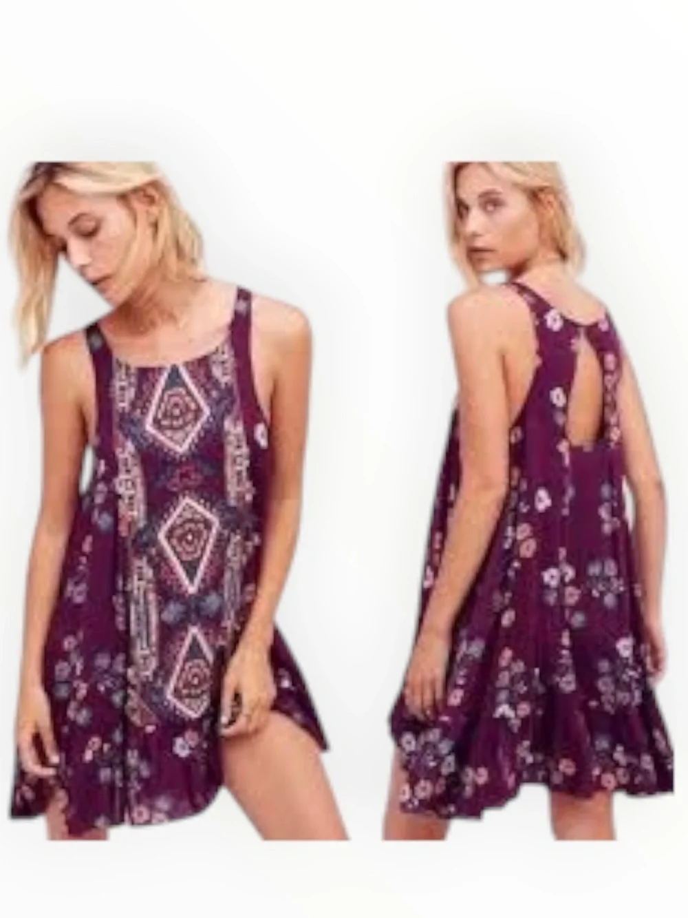 FREE PEOPLE Intimately Annka Boarder Slip Dress Plum Floral Geo Tank Swing XS S
